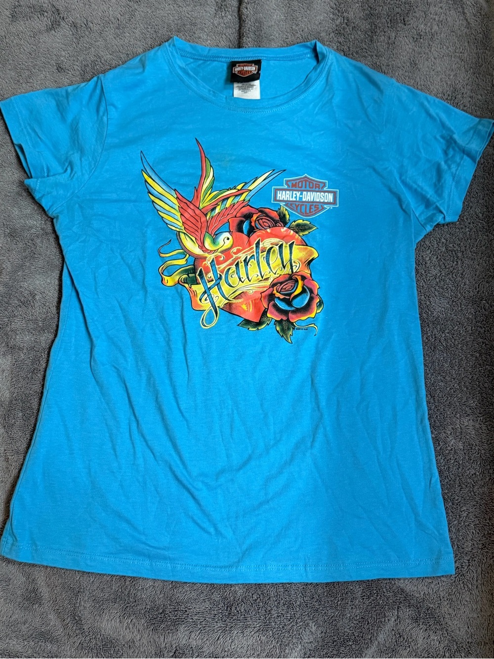 Harley-Davidson Women's Blue Graphic Tee with Rose & Bird Design
